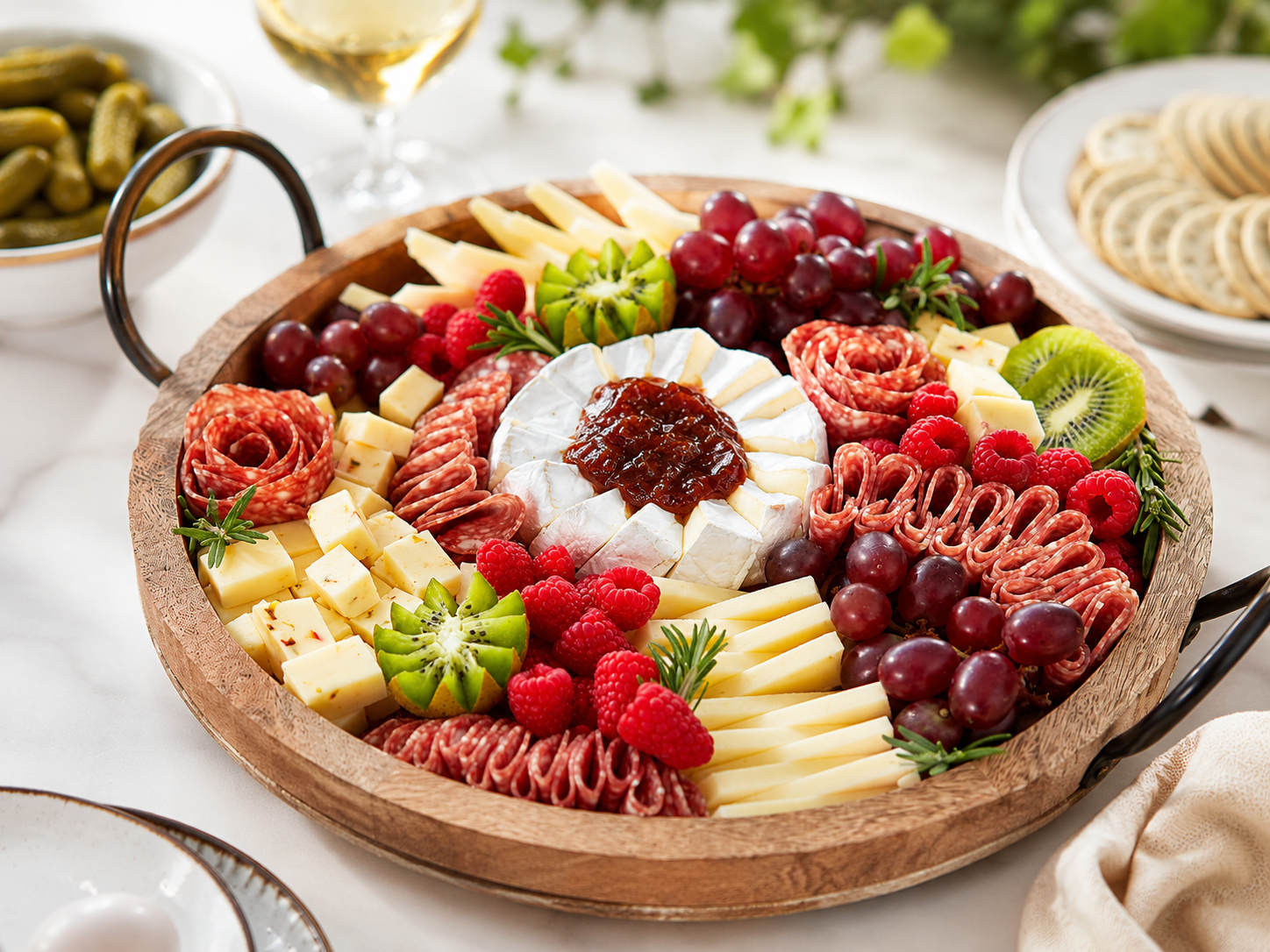 Round wooden charcuterie board with salami roses, brie, cheeses, grapes, raspberries and kiwi