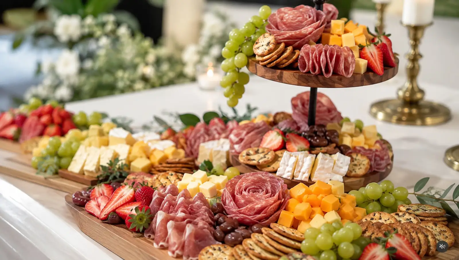 Tiered grazing table of cheeses, cured meats, fruit and crackers styled with white florals